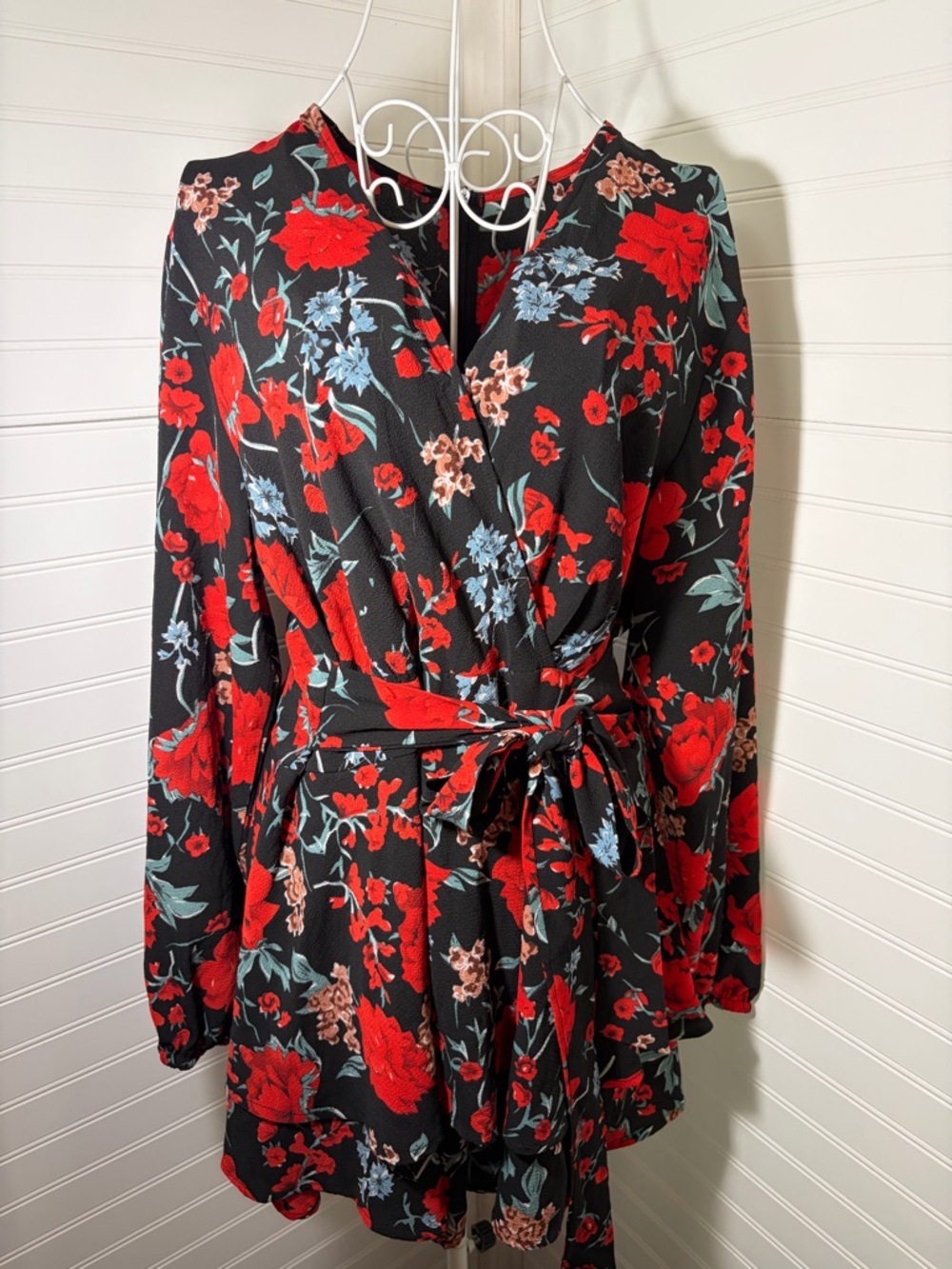 Floral Wrap Romper in Black with Red Bloom